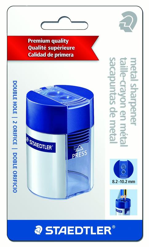 Photo 1 of **BOX OF 7***Staedtler Two-Hole Metal Pencil Sharpener with Locking Mechanism, Blue/Silver
