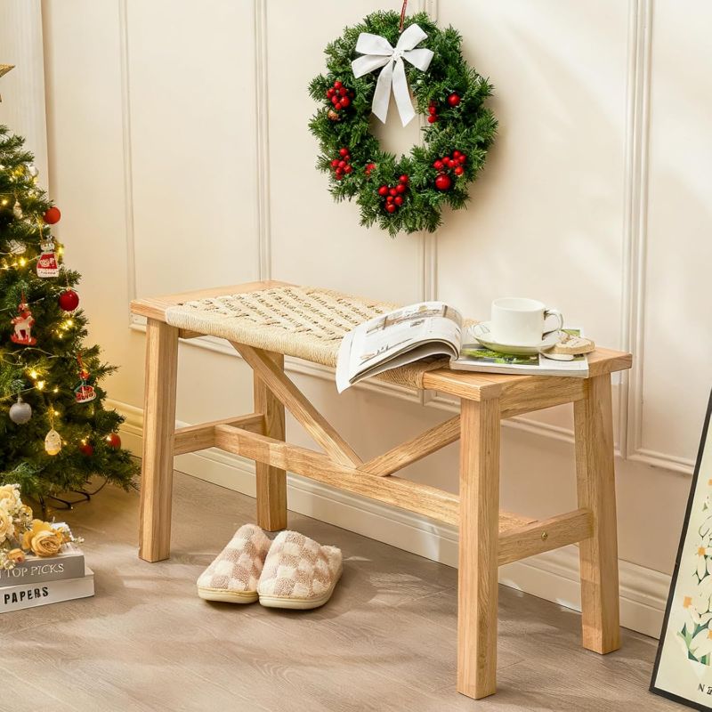 Photo 1 of 
Dechawfon Solid Wood Narrow Bench, 33.46" Woven Bench for Entryway and Hallway, End of Bed Bench with Oak Frame, Boho Accent Bench - 500lbs Capacity...