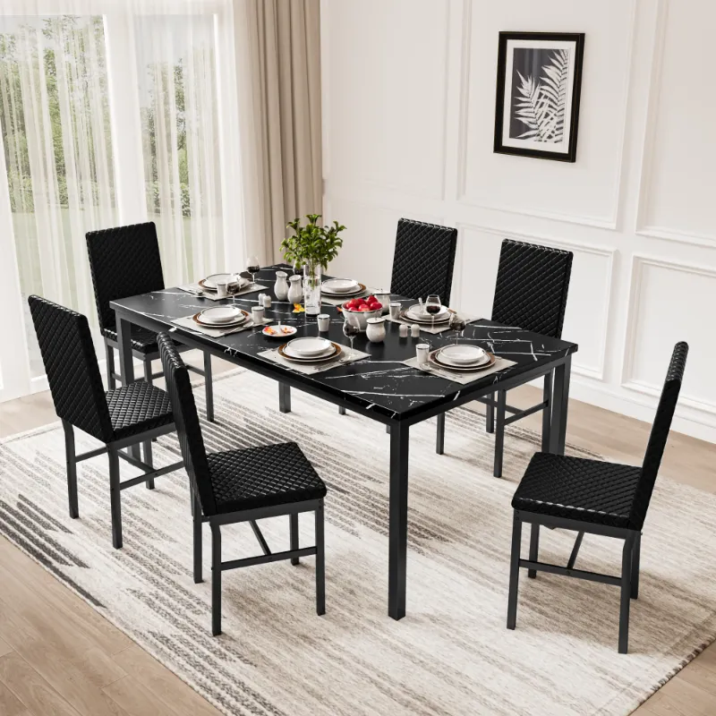 Photo 1 of  Recaceik Durable and Sturdy construction 7 Piece Adult Modern Marble Dining Table with Chair Black