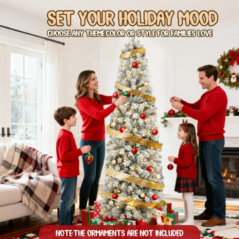 Photo 1 of **MISSING TOP PART***Qunler 7ft Pre-Lit Snow Flocked Pencil Christmas Tree, Artificial Slim Xmas Tree with Warm White & 10 Modes Multicolor Lights for Holiday Decor