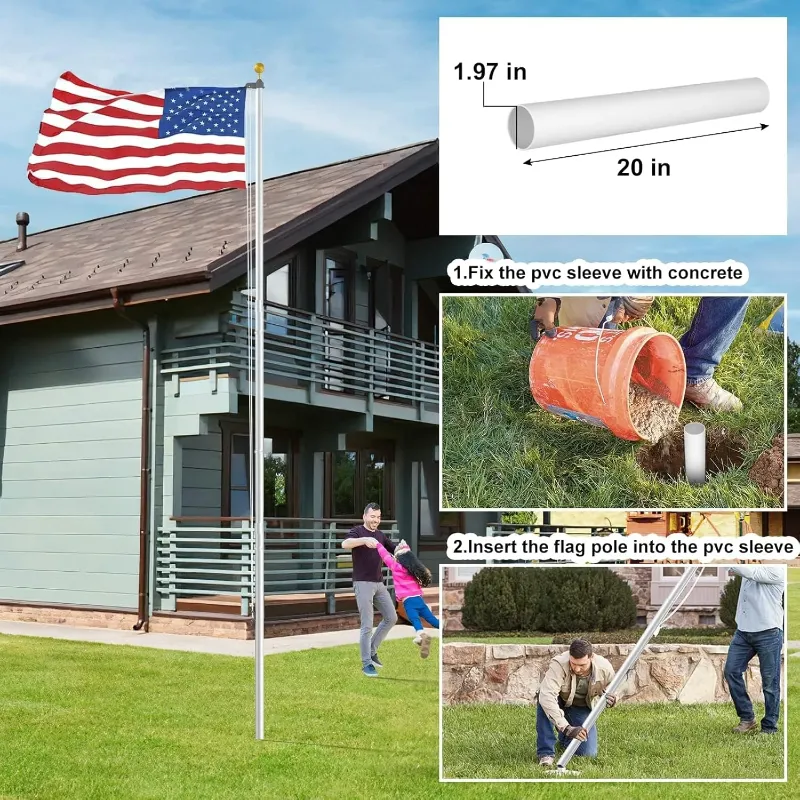 Photo 1 of 14 Gauge Flag Pole for Outside In Ground - 20 FT Heavy Duty Flagpole Kit for Yard - Extra Thick Outdoor Flag Poles with 3x5 American Flag for Residential or Commercial, Silver
