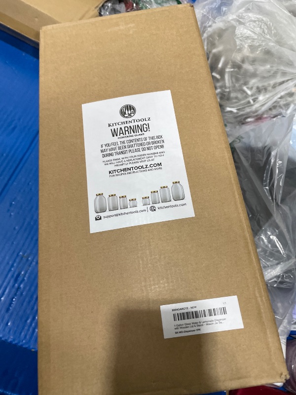 Photo 1 of 1 Gallon Glass Water & Lemonade Dispenser with Wooden Lid & Stand – Mason Jar Beverage Dispenser with Stainless Steel Spigot, Measurement Marks – Drink Server for Parties, Events, Home Use