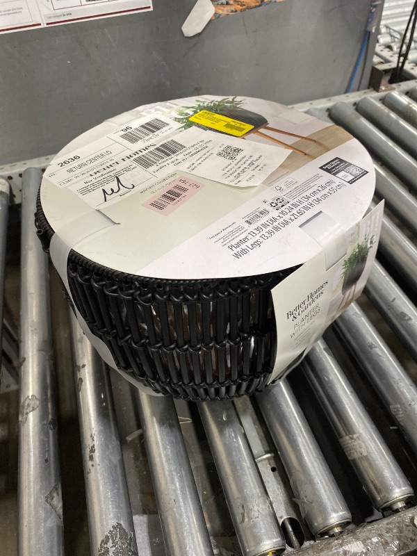 Photo 1 of (Legs are missing)........CLMSTE 13.5" Round Resin Planter with Wood Legs – Handwoven Rattan Style Indoor/Outdoor Plant Pot – Includes Plastic Insert & Steel Frame – Black (Planter & Stand Set)