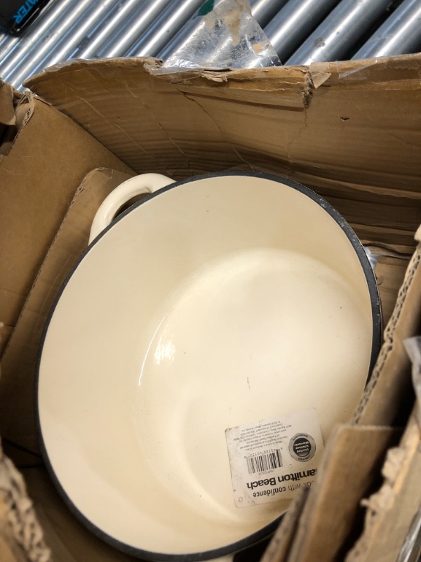Photo 1 of ***DAMAGED - SEE NOTES/PICTURES***Hamilton Beach 5.5-Quart Enameled Cast Iron Dutch Oven Pot with Lid, Cream