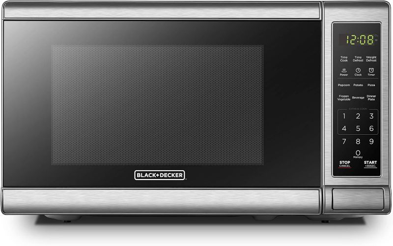 Photo 1 of (LARGE, PRE-OPENED*) BLACK+DECKER EM720CB7 Digital Microwave Oven with Turntable Push-Button Door, Child Safety Lock, 700W, Stainless Steel, 0.7 Cu.ft