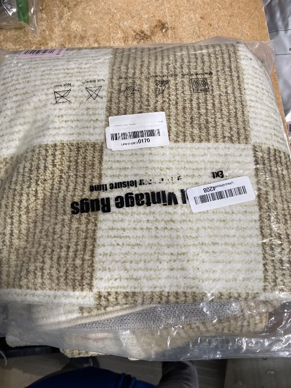 Photo 1 of **DIRTY** Washable Rug 5x7 Checkered Rug, Beige/GREEN TINT and White Area Rug, Boho Large Rugs for Living Room, Low Pile Lightweight Indoor Carpet with Non-Slip Backing for Bedroom Classroom Playroom Kids