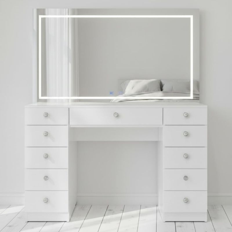 Photo 1 of **missing box 1** Boahaus Amelia Large Makeup Vanity Desk with Dimmable LED, 2 Bluetooth Speakers, USB Type C & Type A, 110 V Power Outlet, 11 Drawers, Crystal Knobs, Premium White
