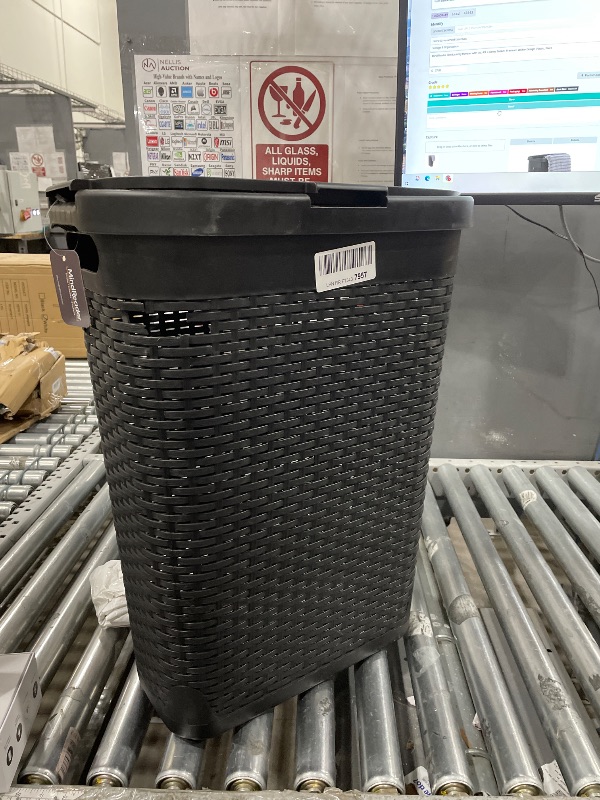 Photo 1 of **minor crack**Mind Reader Slim Laundry Hamper with Lid, 40L Clothes Basket, Premium Wicker Design, Plastic, Black