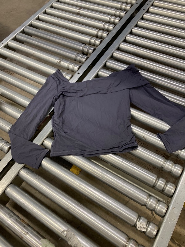 Photo 1 of ++DIFFERENT COLOR++SUUKSESS Women One Off The Shoulder Trendy Casual Tops Ruched Double Lined Long Sleeve Shirts (Grey,L)