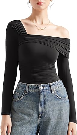 Photo 1 of ++DIFFERENT COLOR++SUUKSESS Women One Off The Shoulder Trendy Casual Tops Ruched Double Lined Long Sleeve Shirts (Grey,L)