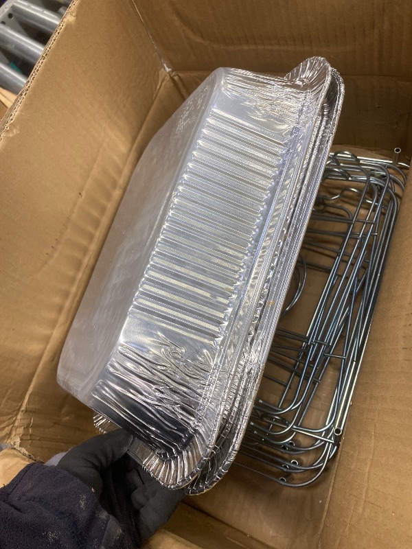 Photo 1 of *Pans damaged* Chafing Dish Buffet Set, Half Size, Disposable Catering Supplies -6 Pack- Food Warmers for Parties: Foldable Wire Racks, Fuel, Aluminum Water Pans, Food Pans, Serving Utensils -Single Pan Food Warmer