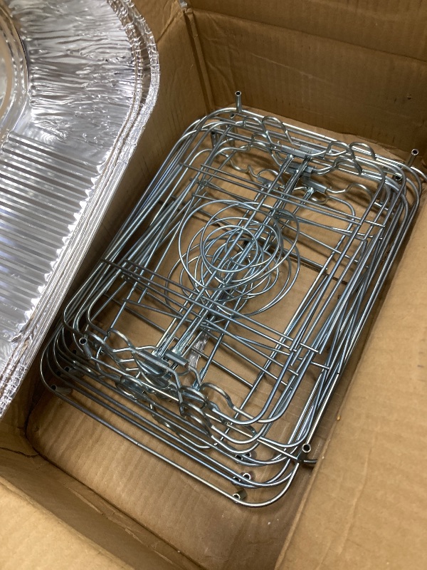 Photo 1 of *Pans damaged* Chafing Dish Buffet Set, Half Size, Disposable Catering Supplies -6 Pack- Food Warmers for Parties: Foldable Wire Racks, Fuel, Aluminum Water Pans, Food Pans, Serving Utensils -Single Pan Food Warmer