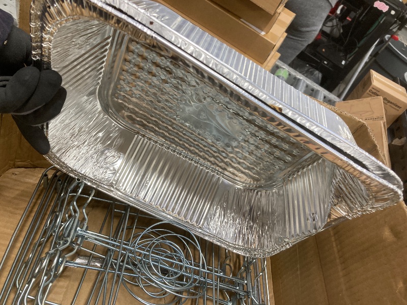 Photo 1 of *Pans damaged* Chafing Dish Buffet Set, Half Size, Disposable Catering Supplies -6 Pack- Food Warmers for Parties: Foldable Wire Racks, Fuel, Aluminum Water Pans, Food Pans, Serving Utensils -Single Pan Food Warmer