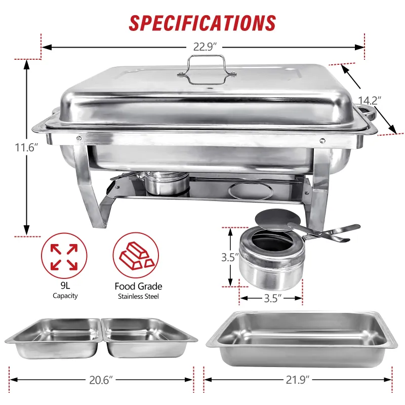 Photo 1 of *Dirty* *Scratches*  Chafing Dish Buffet Set 4 Pack Half Size, Jacgood 8QT Stainless Steel Chafing Dishes for Buffet, Chafers and Buffet Warmers Sets for Parties, Events, Wedding, Camping, Dinner
