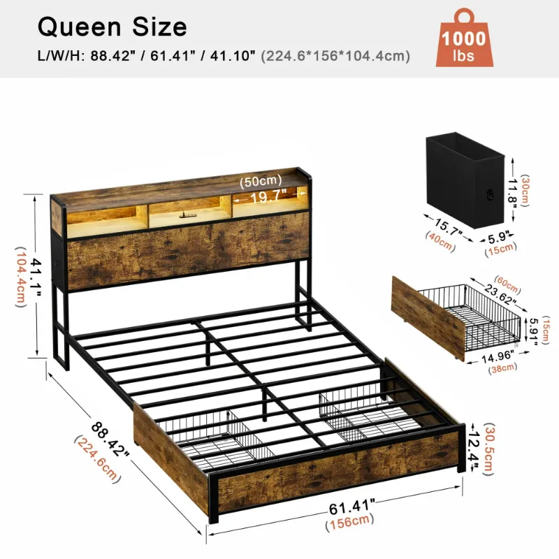 Photo 1 of *HEAVY* GUNAITO Queen Bed Frame with Storage Headboard, 2 Drawers Platform LED Bed Frame with USB Ports & Outlets Rustic Brown
