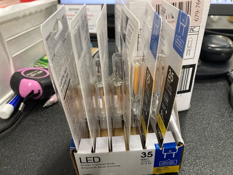 Photo 1 of ***1 IS OPENED***Feit Electric T4 Specialty LED Light Bulb, 35-Watt Equivalent, Dimmable, 3000K Warm White, 350 Lumens, G8 Bi-Pin Base, Under Cabinet Light Bulb with 10,000-Hour Lifetime, BP35G8/830/LED/6, 6-Pack***1 IS OPENED***