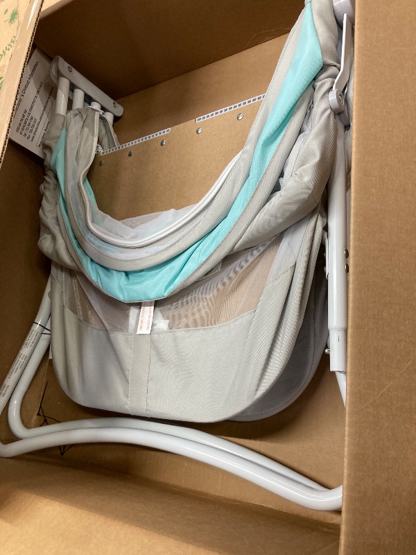 Photo 1 of ***(MISSING PART -SELLING AS IS )***Dream On Me Karley Bassinet, Award Winner Lightweight Travel Baby Bassinet, Foldable Bedside Sleeper, Adjustable Double Canopy, Spacious Design, Soft Fabric – Blue and Grey  ***(MISSING PART -SELLING AS IS )***