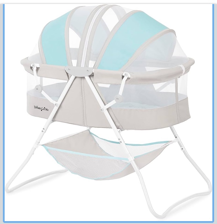 Photo 1 of ***(MISSING PART -SELLING AS IS )***Dream On Me Karley Bassinet, Award Winner Lightweight Travel Baby Bassinet, Foldable Bedside Sleeper, Adjustable Double Canopy, Spacious Design, Soft Fabric – Blue and Grey  ***(MISSING PART -SELLING AS IS )***