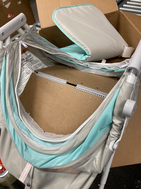 Photo 1 of ***(MISSING PART -SELLING AS IS )***Dream On Me Karley Bassinet, Award Winner Lightweight Travel Baby Bassinet, Foldable Bedside Sleeper, Adjustable Double Canopy, Spacious Design, Soft Fabric – Blue and Grey  ***(MISSING PART -SELLING AS IS )***