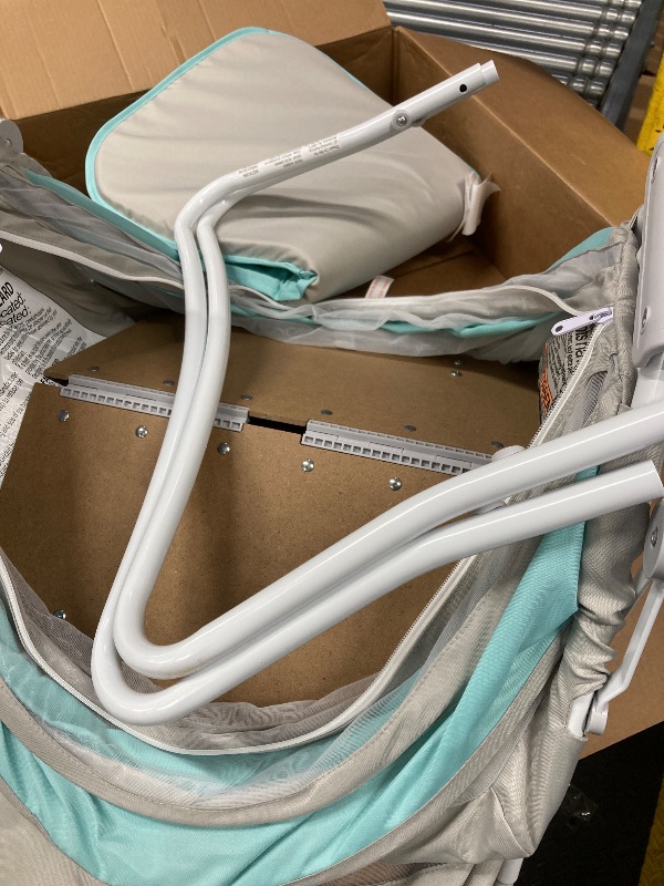 Photo 1 of ***(MISSING PART -SELLING AS IS )***Dream On Me Karley Bassinet, Award Winner Lightweight Travel Baby Bassinet, Foldable Bedside Sleeper, Adjustable Double Canopy, Spacious Design, Soft Fabric – Blue and Grey  ***(MISSING PART -SELLING AS IS )***