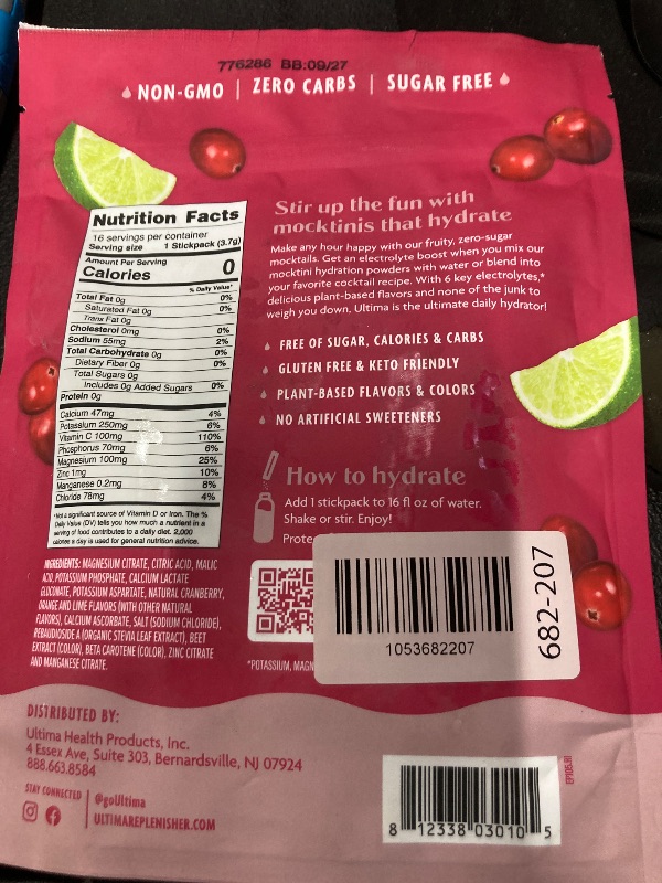 Photo 1 of ******* 09/2027**** Ultima Replenisher Daily Electrolyte Powder – Cranberry Cosmo, 16 Stickpacks – Zero Sugar Hydration Packets with 6 Key Electrolytes and Trace Minerals – Sugar Free & Keto Friendly Drink Mix