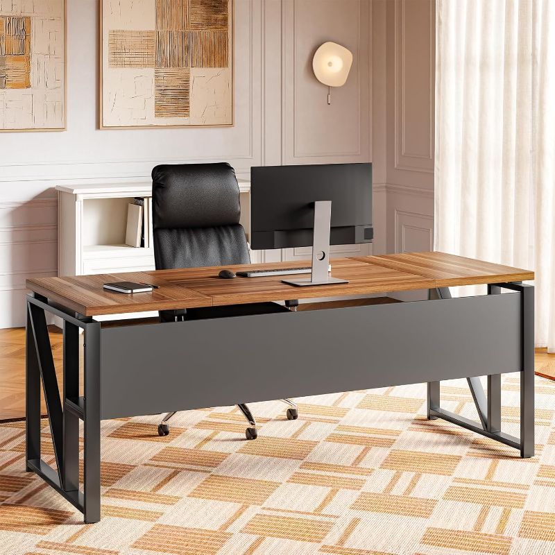 Photo 1 of **DAMAGED PARTS-SEE PICS***LITTLE TREE 63-Inch Executive Office Desk, Large Computer Desk with Storage Shelf, Executive Desk with Metal Frame, Study Writing Desk Work Station for Home Office, Brown + Black