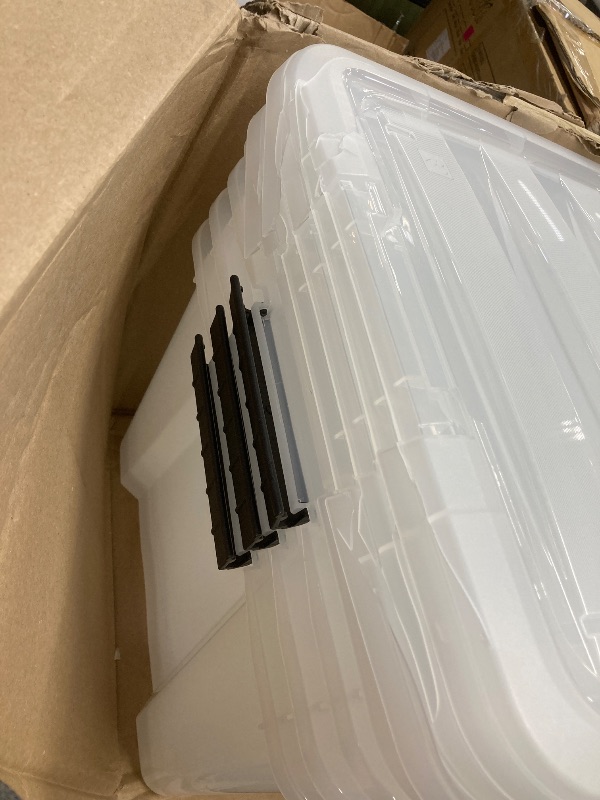 Photo 1 of *Damage to the lids* IRIS USA 40 Qt Stackable Plastic Storage Bins with Lids, 4 Pack - BPA-Free, Made in USA - See-Through Organizing Solution, Latches, Durable Nestable Containers, Secure Pull Handle - Clear