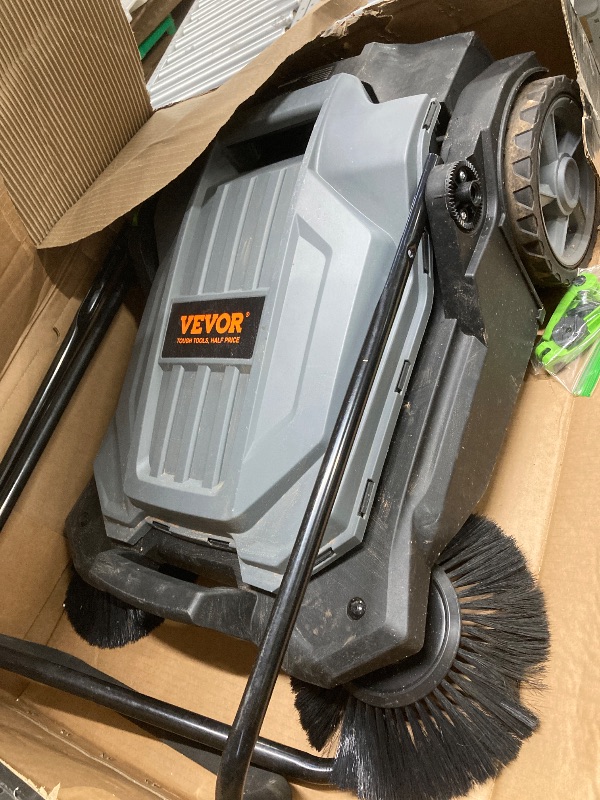 Photo 1 of *DIRTY/PLEASE CLEAN* VEVOR Walk-Behind Hand Push Floor Sweeper, 25.6" Sweeping Width Floor Sweeper Manual Non-Electric, 5 Gallon Waste Container, Angle & Height Adjustable Folding Handle for walkway, yard, garage, patio