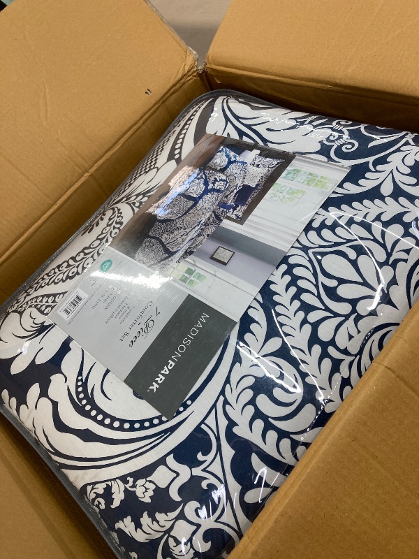 Photo 1 of *Please wash* Madison Park Vienna Sateen Cotton Comforter Set, Breathable, Soft Cover, Trendy, All Season Down Alternative Cozy Bedding with Matching Shams, King, Indigo 7 Piece