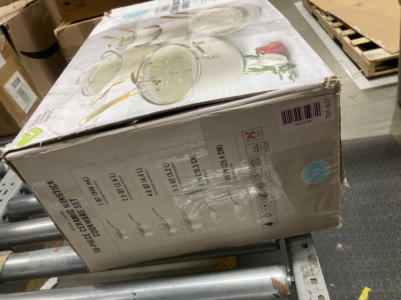 Photo 1 of ***DAMAGE -BENT/DENTED -SELLING AS IS*** Martha Stewart Lockton Premium Non stick Non Toxic PFA Free Ceramic Interior 10 Piece Heavy Gauge Enamel Aluminum Pots and Pans Cookware Set - Linen White w/Gold Handle