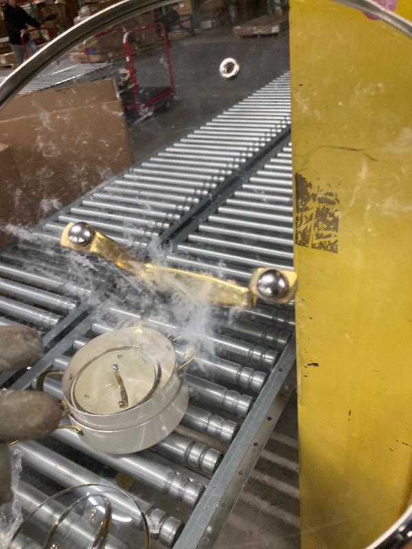 Photo 1 of ***DAMAGE -BENT/DENTED -SELLING AS IS*** Martha Stewart Lockton Premium Non stick Non Toxic PFA Free Ceramic Interior 10 Piece Heavy Gauge Enamel Aluminum Pots and Pans Cookware Set - Linen White w/Gold Handle