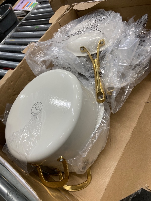 Photo 1 of ***DAMAGE -BENT/DENTED -SELLING AS IS*** Martha Stewart Lockton Premium Non stick Non Toxic PFA Free Ceramic Interior 10 Piece Heavy Gauge Enamel Aluminum Pots and Pans Cookware Set - Linen White w/Gold Handle