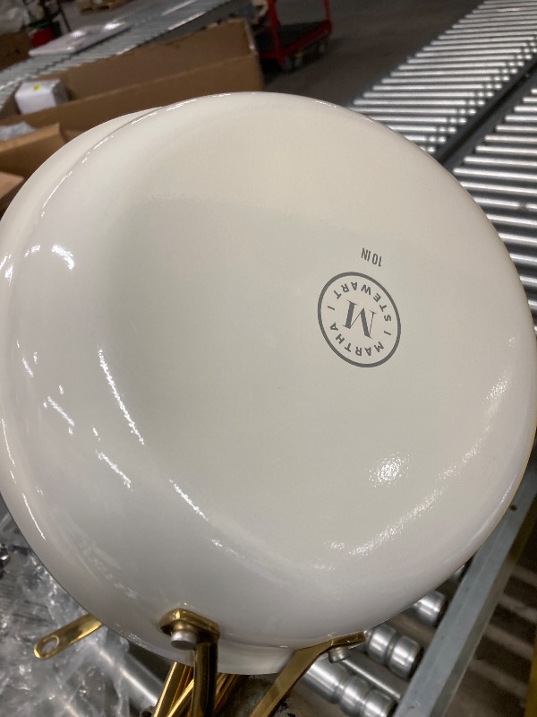 Photo 1 of ***DAMAGE -BENT/DENTED -SELLING AS IS*** Martha Stewart Lockton Premium Non stick Non Toxic PFA Free Ceramic Interior 10 Piece Heavy Gauge Enamel Aluminum Pots and Pans Cookware Set - Linen White w/Gold Handle