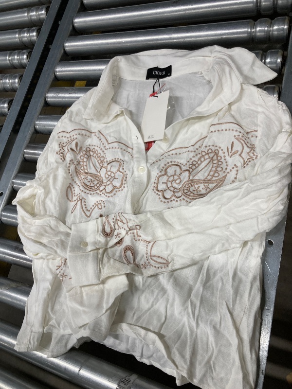 Photo 1 of ***LOOKS VERY SMALL FOR XL***CIDER Button Down Shirts for Women Graphic Collared Long Sleeve Dressy Casual Blouses Tops: White, XL***LOOKS VERY SMALL FOR XL***