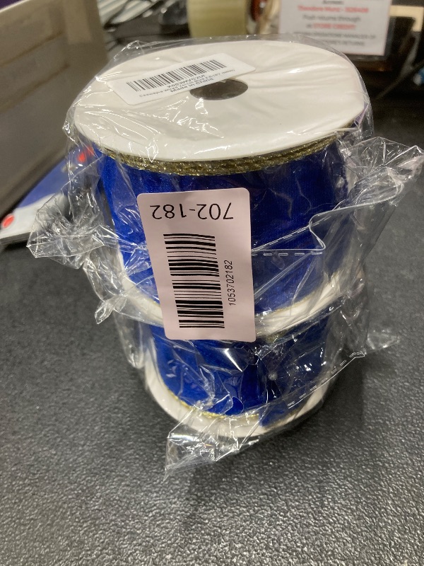 Photo 1 of *2 pack* Blue Wired Velvet Ribbon for Christmas Tree, Christmas Ribbon Wired 2.5 inch Wide, 10 Yards Blue and Gold Ribbon for Gift Wrapping, Wreaths, Crafts, Topper Bow, Home Decor, Wedding Garland