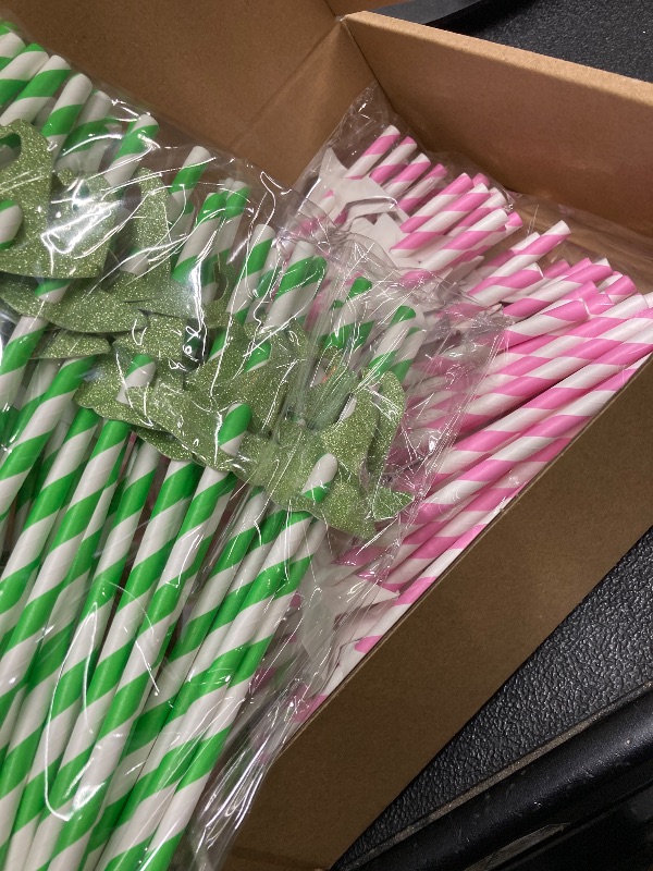 Photo 1 of 100 Pcs Pink and Green Disposable Straws for Princess and Wizard Witch Party Paper Straws Bulk Holiday BFF Enchanted Musical Birthday Themed Party Supplies