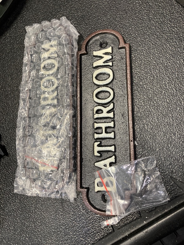 Photo 1 of ** small**Bathroom Signs Cast Iron Design, Farmhouse Heavy Duty Rustic Restroom Sign for bathroom Door Wall Decor, Decorative Restroom Sign for Home, Office, Shop,Hotel or Restaurant, 7.2x2.2 inch, 2PCS