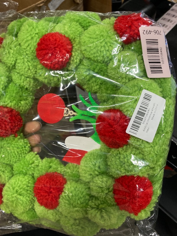 Photo 1 of 13 Inch Christmas Pom-Pom Wreath, Bright Green & Red Fuzzy Ball Door Wreath with Ornament Accent, Small Artificial Festive Decor for Front Door, Indoor/Outdoor Home Wall, Xmas Holiday Decorations