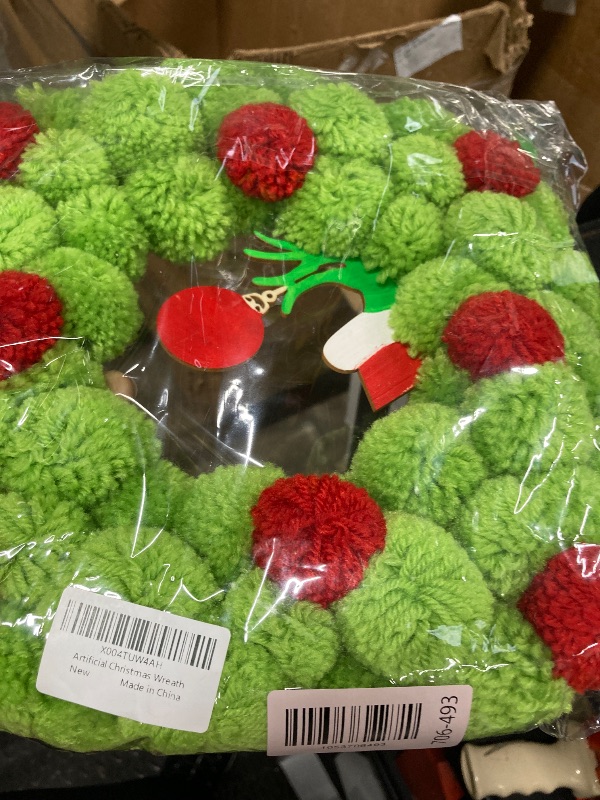 Photo 1 of 13 Inch Christmas Pom-Pom Wreath, Bright Green & Red Fuzzy Ball Door Wreath with Ornament Accent, Small Artificial Festive Decor for Front Door, Indoor/Outdoor Home Wall, Xmas Holiday Decorations