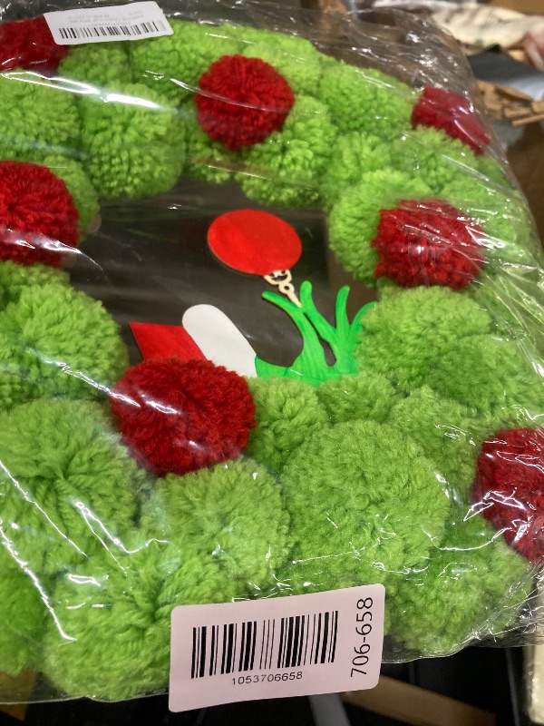 Photo 1 of 13 Inch Christmas Pom-Pom Wreath, Bright Green & Red Fuzzy Ball Door Wreath with Ornament Accent, Small Artificial Festive Decor for Front Door, Indoor/Outdoor Home Wall, Xmas Holiday Decorations