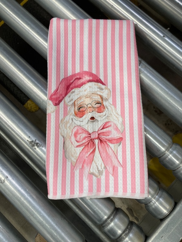 Photo 1 of ***ONE TOWEL ONLY -MISSING ONE*** Coquette Christmas Santa Kitchen Towel, Preppy Pink Stripes Christmas Dish Hand Tea Towels, Xmas Santa Kitchen Bathroom Decor, 16x24 Inch