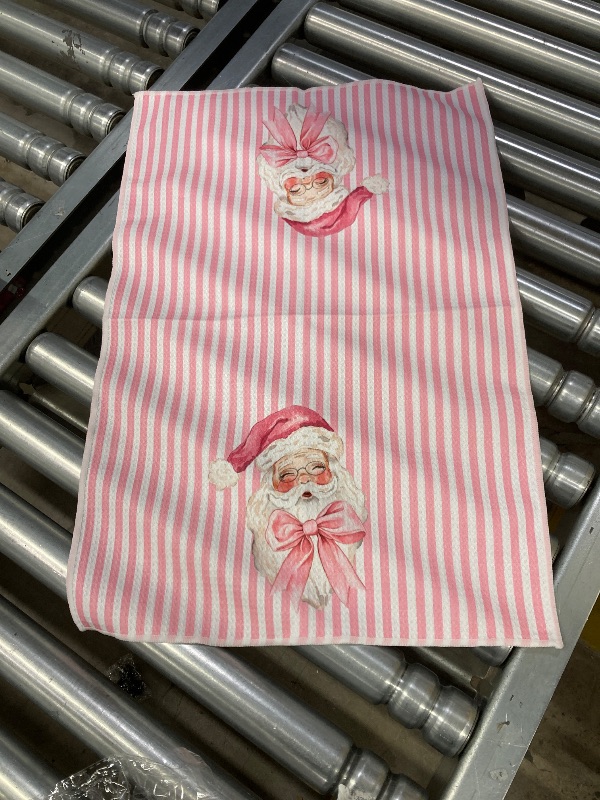 Photo 1 of ***ONE TOWEL ONLY -MISSING ONE*** Coquette Christmas Santa Kitchen Towel, Preppy Pink Stripes Christmas Dish Hand Tea Towels, Xmas Santa Kitchen Bathroom Decor, 16x24 Inch