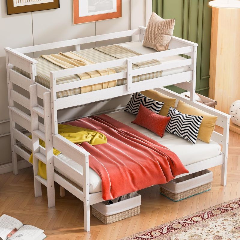 Photo 1 of ***BOX 2 OF 2 ONLY/INCOMPLETE SET***Harper & Bright Designs Detachable Design Twin XL Over Queen Bunk Bed with Ladder,Wood Twin-Over-Queen Bunk Bed Frame with Guardrail,Separated into 2 Beds(White)***BOX 2 OF 2 ONLY/INCOMPLETE SET***