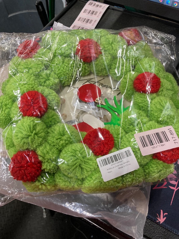 Photo 1 of 13 Inch Christmas Pom-Pom Wreath, Bright Green & Red Fuzzy Ball Door Wreath with Ornament Accent, Small Artificial Festive Decor for Front Door, Indoor/Outdoor Home Wall, Xmas Holiday Decorations