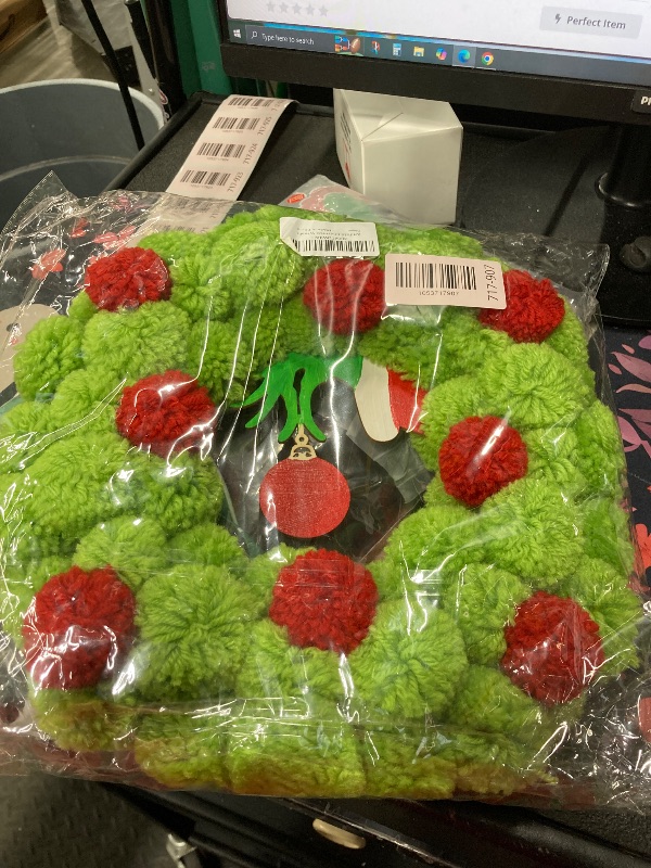 Photo 1 of 13 Inch Christmas Pom-Pom Wreath, Bright Green & Red Fuzzy Ball Door Wreath with Ornament Accent, Small Artificial Festive Decor for Front Door, Indoor/Outdoor Home Wall, Xmas Holiday Decorations