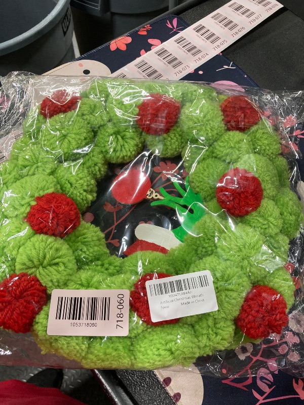 Photo 1 of 13 Inch Christmas Pom-Pom Wreath, Bright Green & Red Fuzzy Ball Door Wreath with Ornament Accent, Small Artificial Festive Decor for Front Door, Indoor/Outdoor Home Wall, Xmas Holiday Decorations