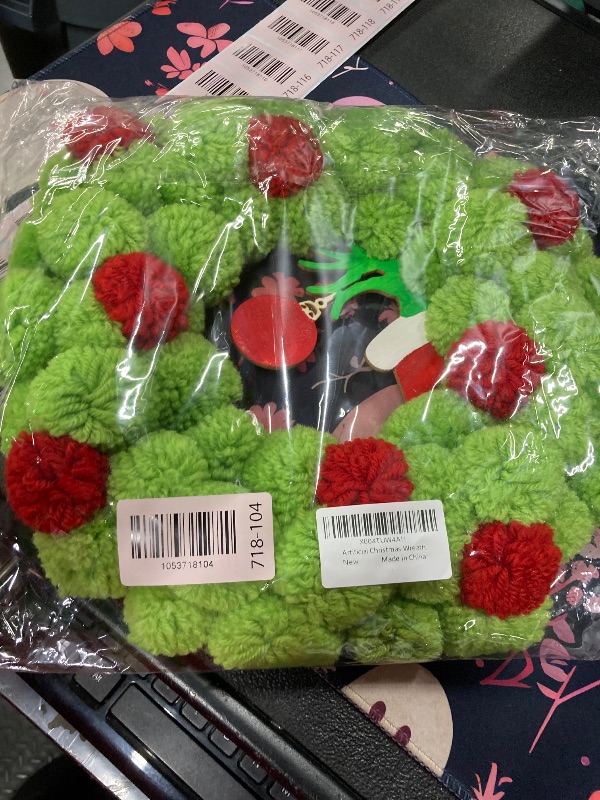 Photo 1 of 13 Inch Christmas Pom-Pom Wreath, Bright Green & Red Fuzzy Ball Door Wreath with Ornament Accent, Small Artificial Festive Decor for Front Door, Indoor/Outdoor Home Wall, Xmas Holiday Decorations