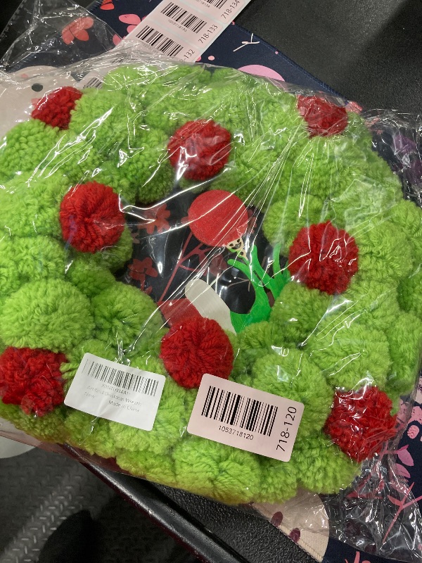 Photo 1 of 13 Inch Christmas Pom-Pom Wreath, Bright Green & Red Fuzzy Ball Door Wreath with Ornament Accent, Small Artificial Festive Decor for Front Door, Indoor/Outdoor Home Wall, Xmas Holiday Decorations