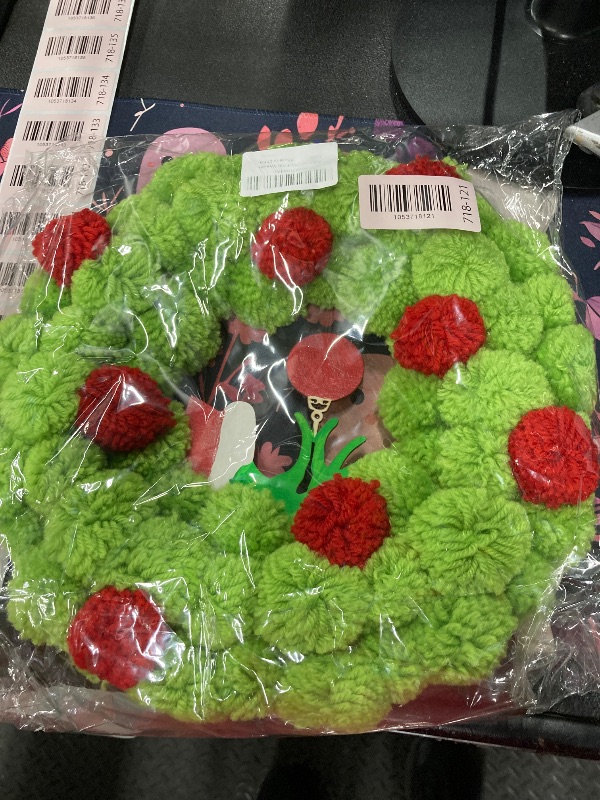 Photo 1 of 13 Inch Christmas Pom-Pom Wreath, Bright Green & Red Fuzzy Ball Door Wreath with Ornament Accent, Small Artificial Festive Decor for Front Door, Indoor/Outdoor Home Wall, Xmas Holiday Decorations
