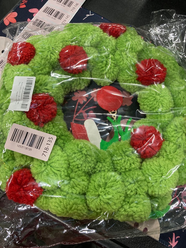 Photo 1 of 13 Inch Christmas Pom-Pom Wreath, Bright Green & Red Fuzzy Ball Door Wreath with Ornament Accent, Small Artificial Festive Decor for Front Door, Indoor/Outdoor Home Wall, Xmas Holiday Decorations